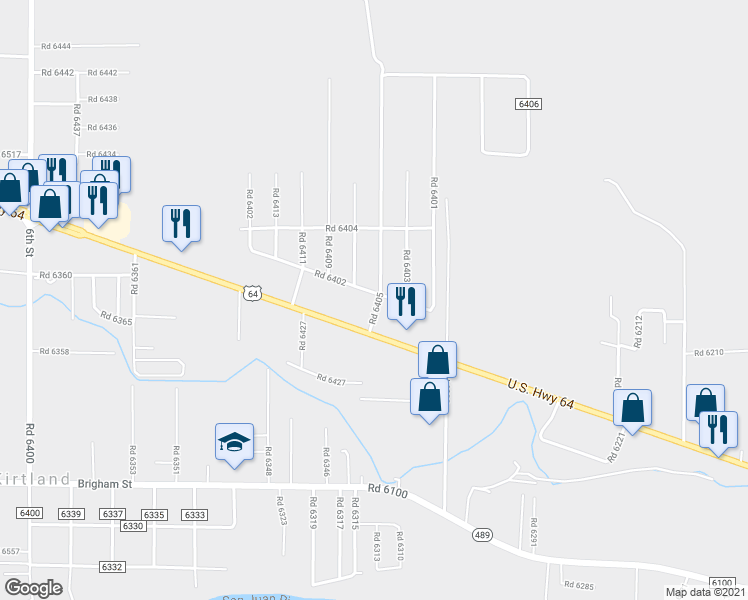 map of restaurants, bars, coffee shops, grocery stores, and more near 21 Road 6402 in Kirtland