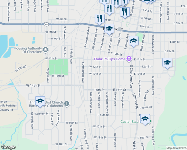 map of restaurants, bars, coffee shops, grocery stores, and more near 1210 Southwest Jennings Avenue in Bartlesville