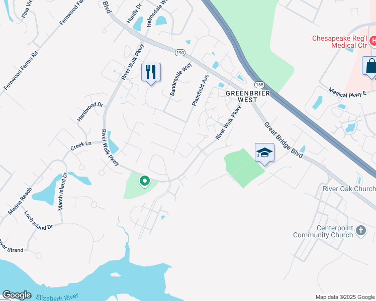 map of restaurants, bars, coffee shops, grocery stores, and more near 449 River Arch Drive in Chesapeake