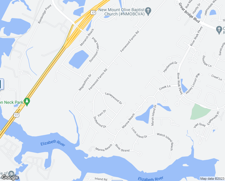 map of restaurants, bars, coffee shops, grocery stores, and more near 305 Tarneywood Court in Chesapeake