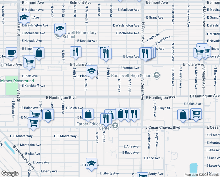 map of restaurants, bars, coffee shops, grocery stores, and more near 3935 East Kerckhoff Avenue in Fresno