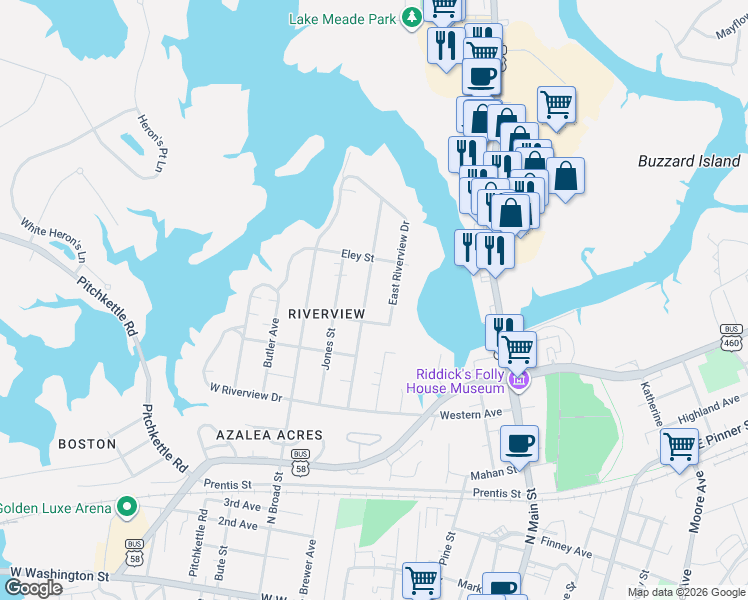 map of restaurants, bars, coffee shops, grocery stores, and more near 718 Dumville Avenue in Suffolk