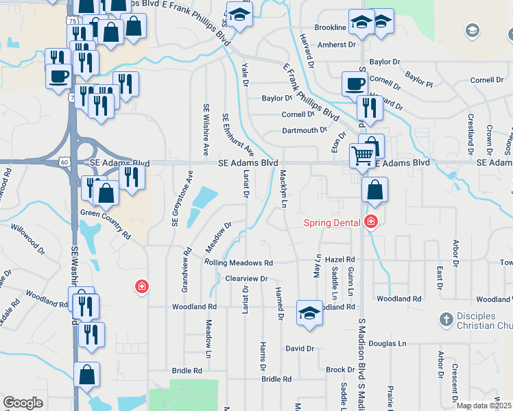 map of restaurants, bars, coffee shops, grocery stores, and more near 4715 Southeast Adams Boulevard in Bartlesville