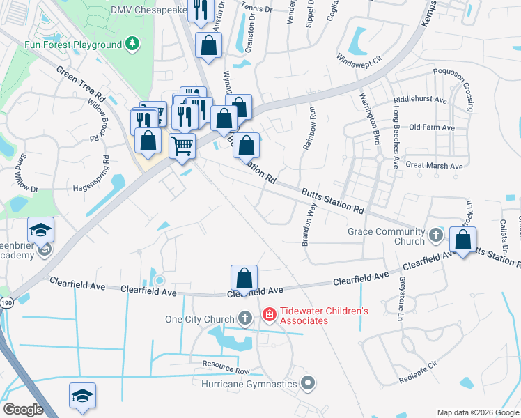 map of restaurants, bars, coffee shops, grocery stores, and more near 504 Thornloe Lane in Chesapeake