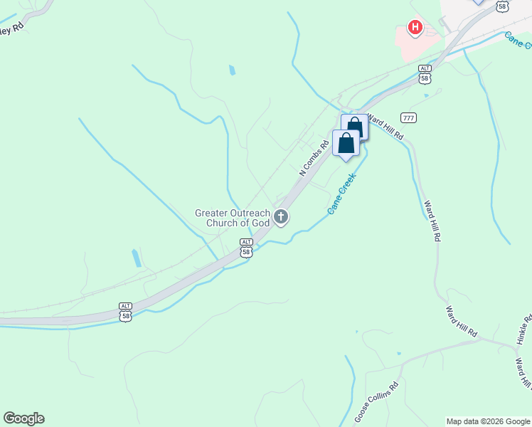 map of restaurants, bars, coffee shops, grocery stores, and more near Honeysuckle Drive in Pennington Gap