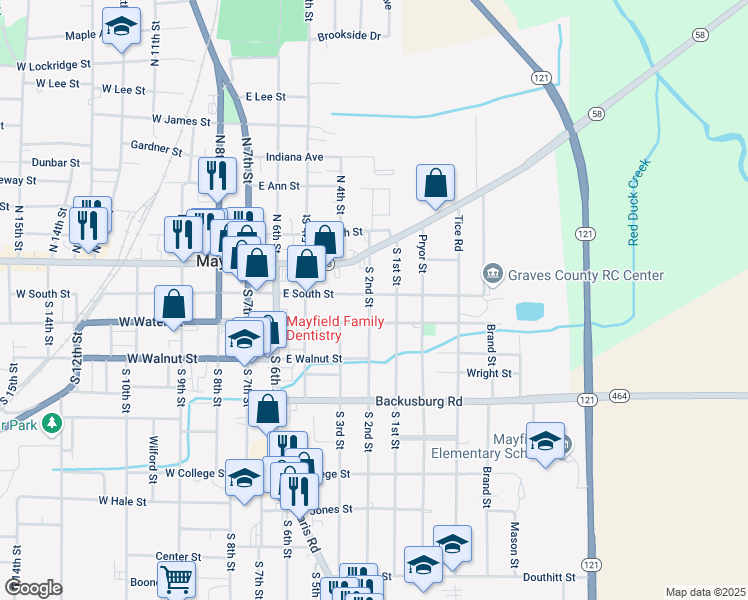 map of restaurants, bars, coffee shops, grocery stores, and more near 100-198 South 2nd Street in Mayfield