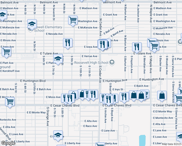 map of restaurants, bars, coffee shops, grocery stores, and more near 4104 East Kerckhoff Avenue in Fresno