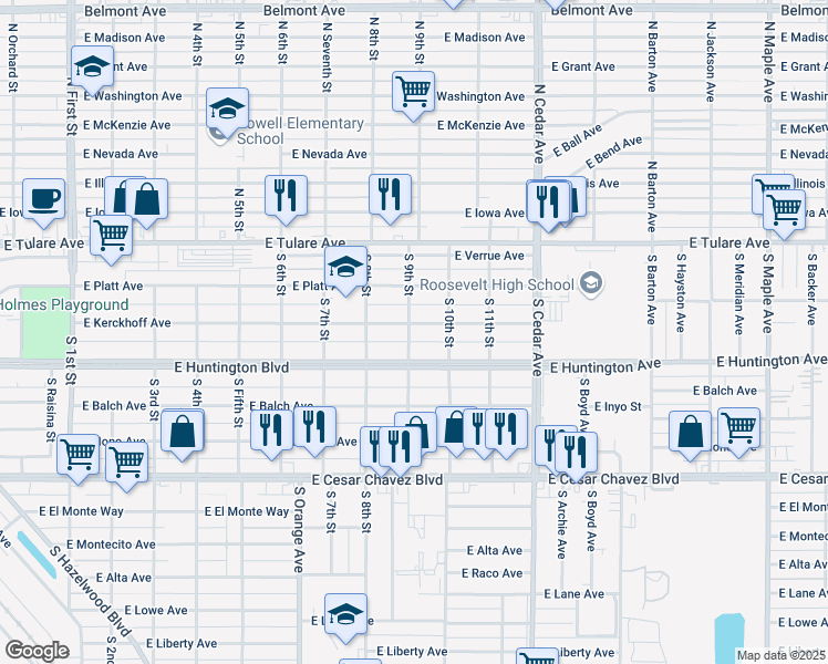 map of restaurants, bars, coffee shops, grocery stores, and more near 3935 East Kerckhoff Avenue in Fresno