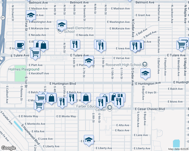 map of restaurants, bars, coffee shops, grocery stores, and more near 3750 East Platt Avenue in Fresno