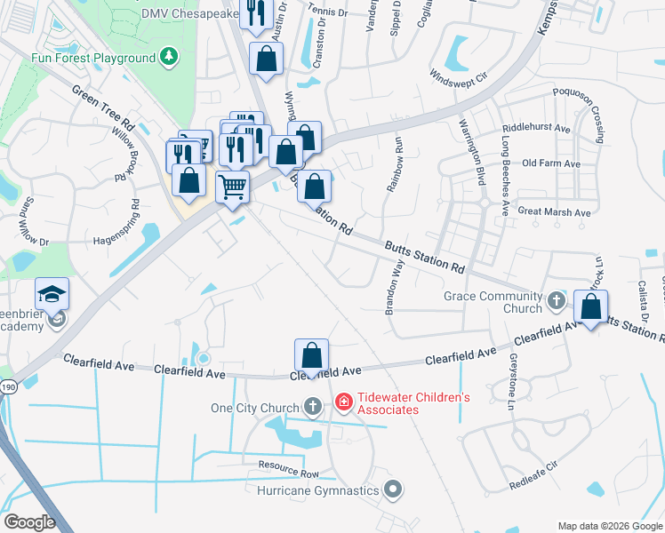 map of restaurants, bars, coffee shops, grocery stores, and more near 504 Thornloe Lane in Chesapeake