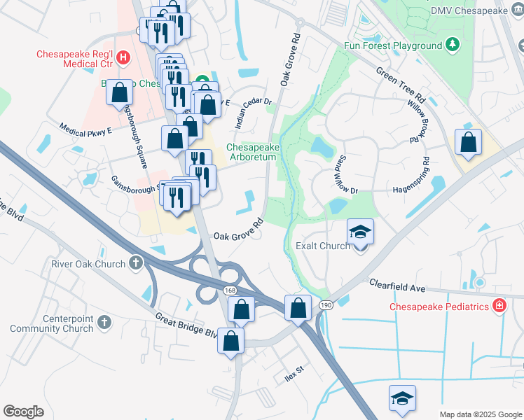 map of restaurants, bars, coffee shops, grocery stores, and more near 584 Oak Grove Road in Chesapeake