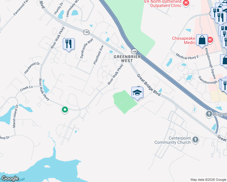 map of restaurants, bars, coffee shops, grocery stores, and more near 642 Creekside Court in Chesapeake