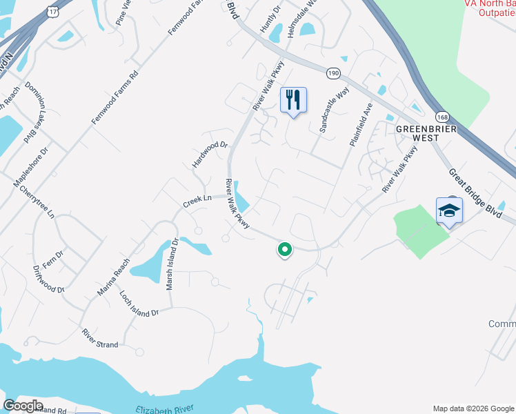 map of restaurants, bars, coffee shops, grocery stores, and more near 417 Dahoon Court in Chesapeake