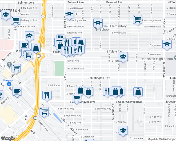 map of restaurants, bars, coffee shops, grocery stores, and more near 3340 East Kerckhoff Avenue in Fresno