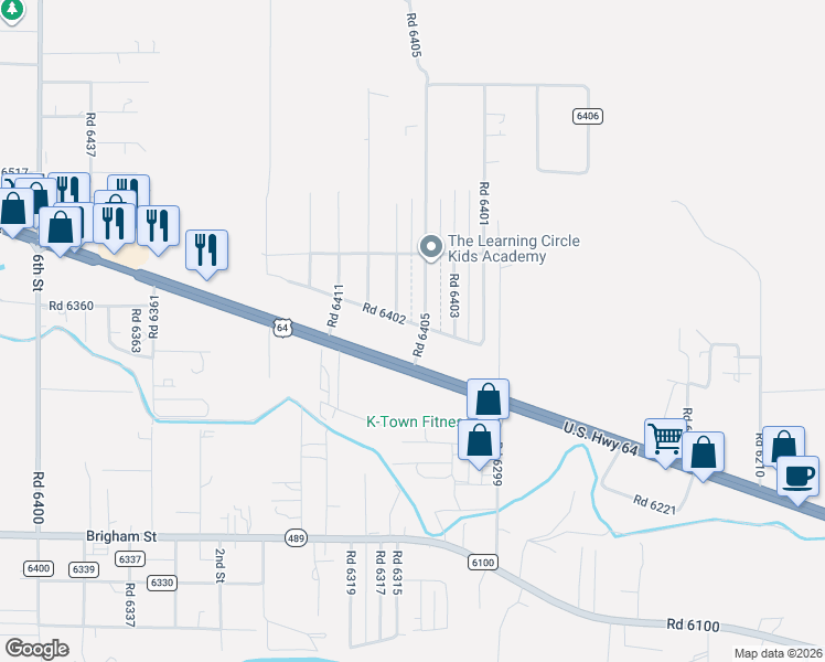 map of restaurants, bars, coffee shops, grocery stores, and more near 11 Road 6405 in Kirtland