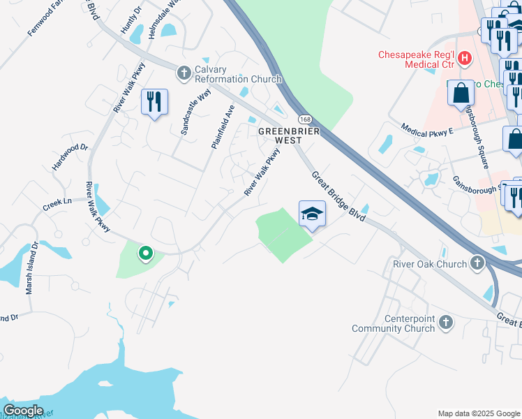 map of restaurants, bars, coffee shops, grocery stores, and more near 723 Creekside Crescent in Chesapeake
