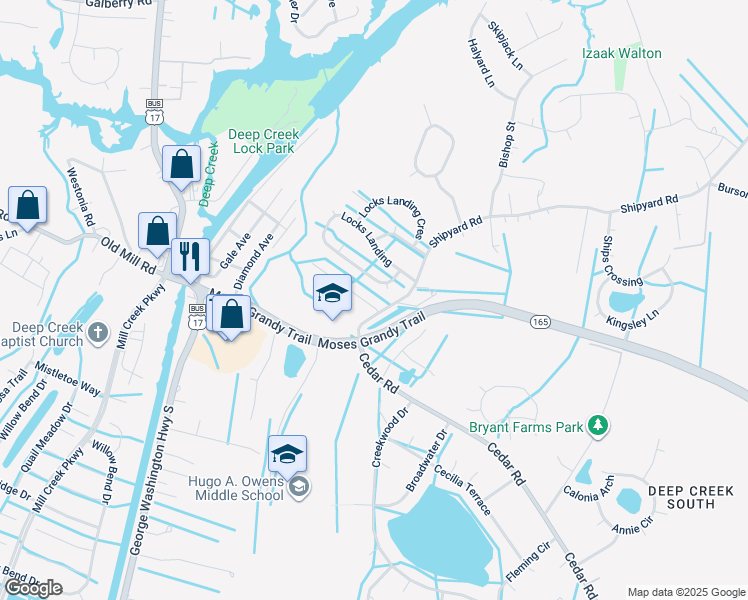 map of restaurants, bars, coffee shops, grocery stores, and more near 2804 Cedar Cove Lane in Chesapeake