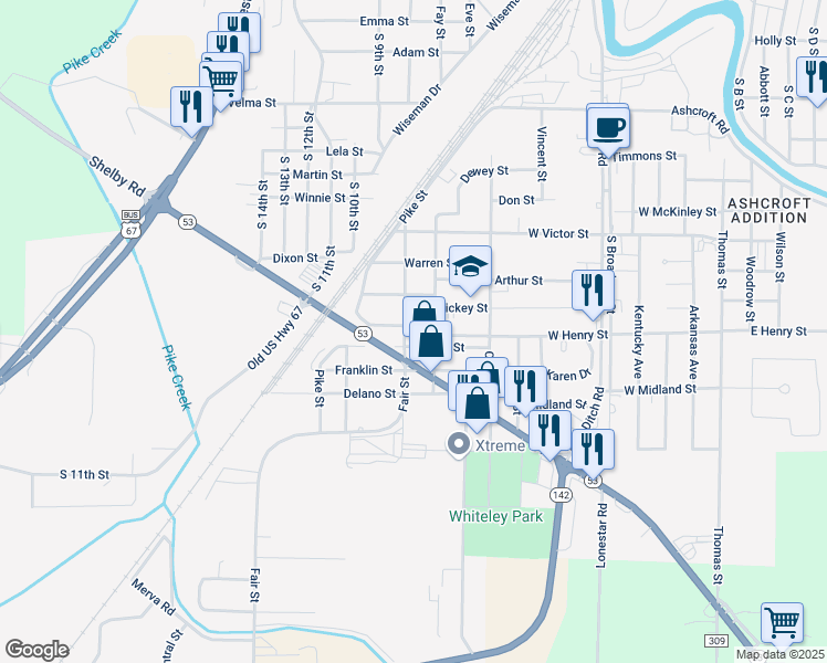 map of restaurants, bars, coffee shops, grocery stores, and more near 1916 Fair Street in Poplar Bluff