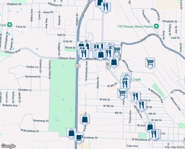 map of restaurants, bars, coffee shops, grocery stores, and more near 1601-1699 10th Street in West Plains