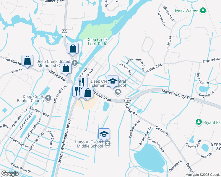 map of restaurants, bars, coffee shops, grocery stores, and more near 2448 Shipyard Road in Chesapeake
