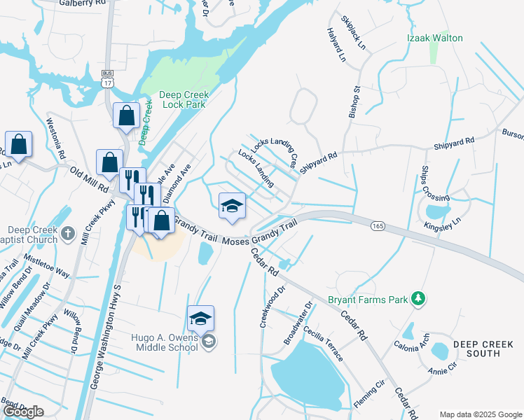 map of restaurants, bars, coffee shops, grocery stores, and more near 2804 Cedar Cove Lane in Chesapeake