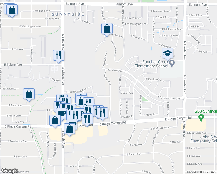 map of restaurants, bars, coffee shops, grocery stores, and more near 270 South Argyle Avenue in Fresno