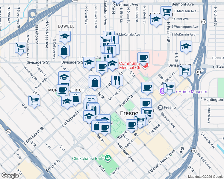 map of restaurants, bars, coffee shops, grocery stores, and more near 1362 N Street in Fresno