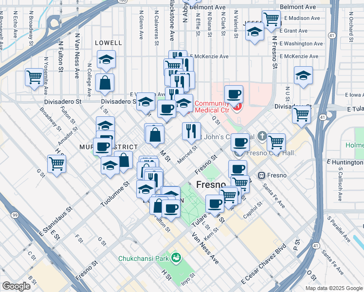 map of restaurants, bars, coffee shops, grocery stores, and more near 1362 N Street in Fresno