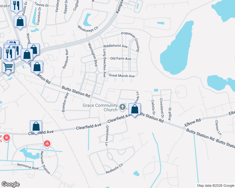 map of restaurants, bars, coffee shops, grocery stores, and more near 649 Flatrock Lane in Chesapeake
