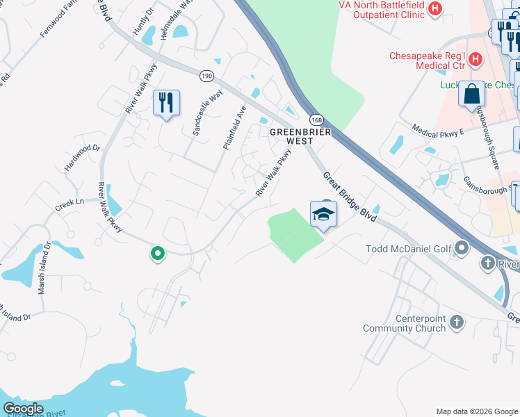 map of restaurants, bars, coffee shops, grocery stores, and more near 642 Creekside Court in Chesapeake