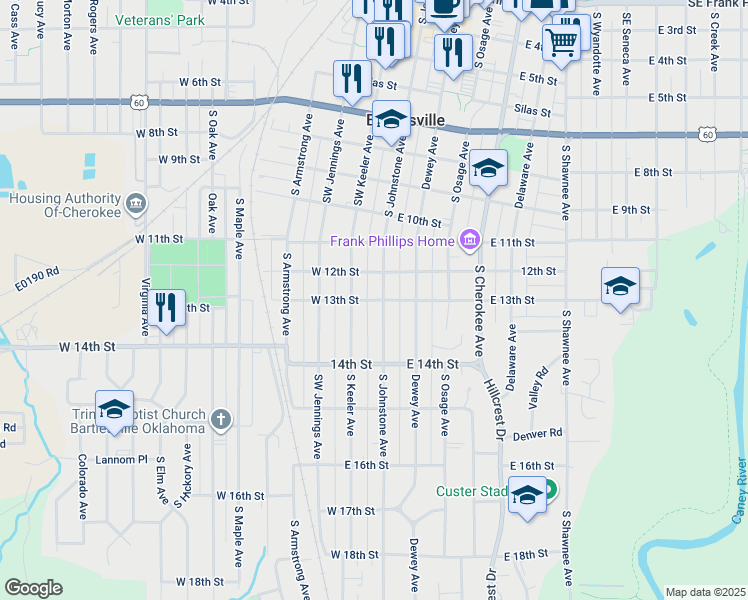 map of restaurants, bars, coffee shops, grocery stores, and more near 1210 South Johnstone Avenue in Bartlesville