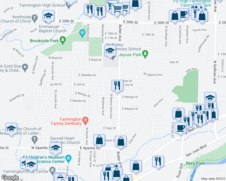 map of restaurants, bars, coffee shops, grocery stores, and more near 1008 North Buena Vista Avenue in Farmington