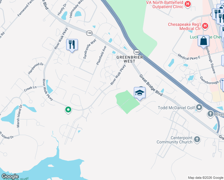 map of restaurants, bars, coffee shops, grocery stores, and more near 642 Creekside Court in Chesapeake