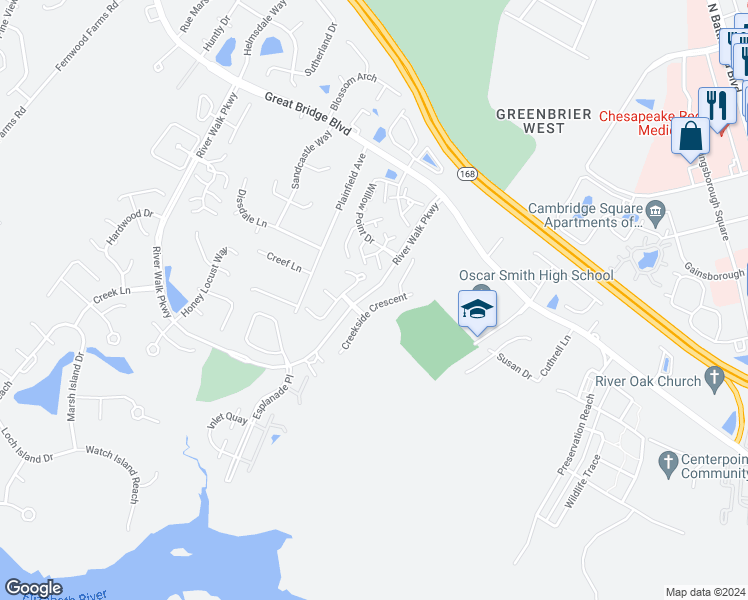 map of restaurants, bars, coffee shops, grocery stores, and more near 758 Creekside Crescent in Chesapeake
