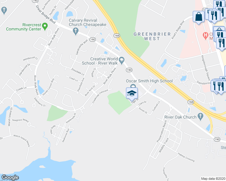 map of restaurants, bars, coffee shops, grocery stores, and more near 709 Creekside Crescent in Chesapeake