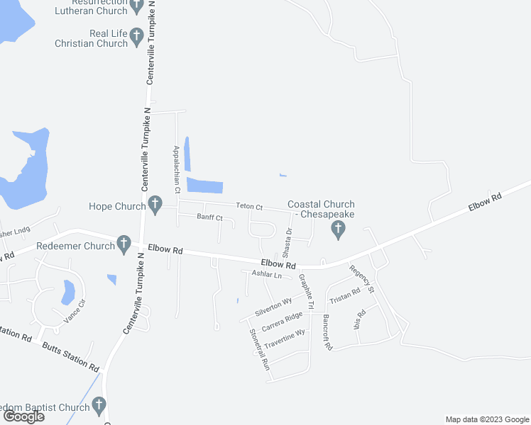 map of restaurants, bars, coffee shops, grocery stores, and more near 1665 Teton Court in Chesapeake