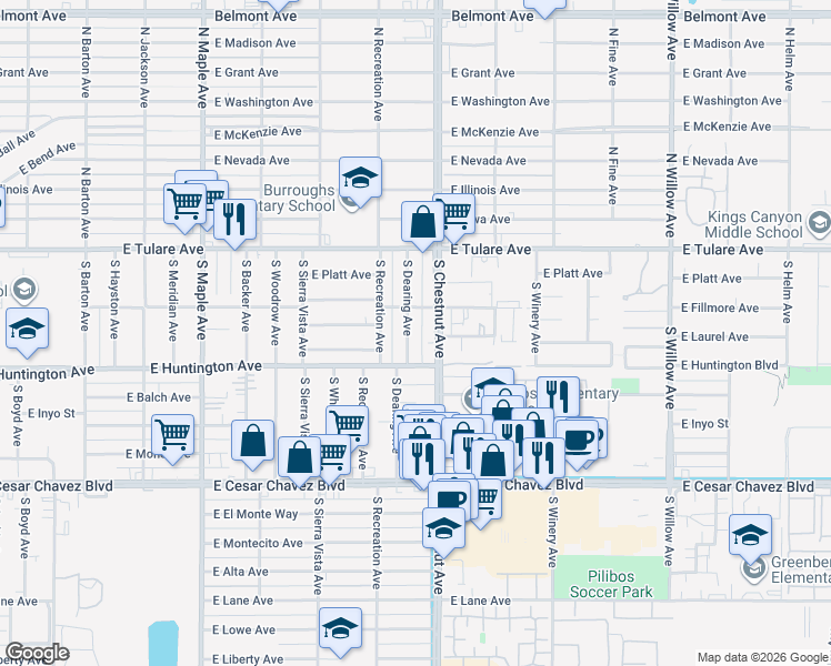 map of restaurants, bars, coffee shops, grocery stores, and more near 315 South Dearing Avenue in Fresno