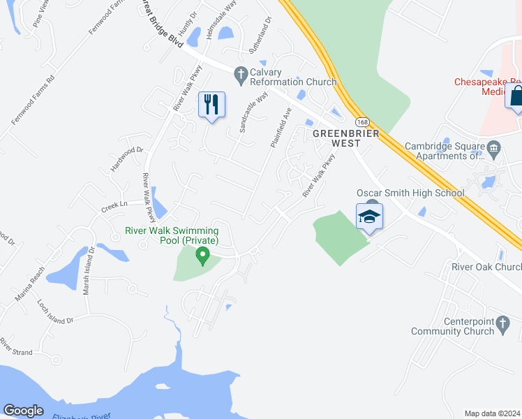 map of restaurants, bars, coffee shops, grocery stores, and more near 505 River Arch Court in Chesapeake