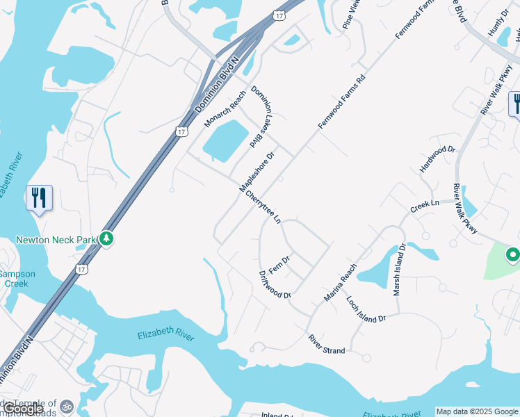 map of restaurants, bars, coffee shops, grocery stores, and more near 400 Fernwood Farms Road in Chesapeake