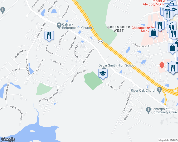 map of restaurants, bars, coffee shops, grocery stores, and more near 707 Creekside Crescent in Chesapeake