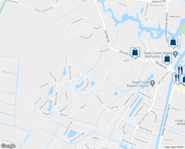map of restaurants, bars, coffee shops, grocery stores, and more near 3409 Arlo Court in Chesapeake