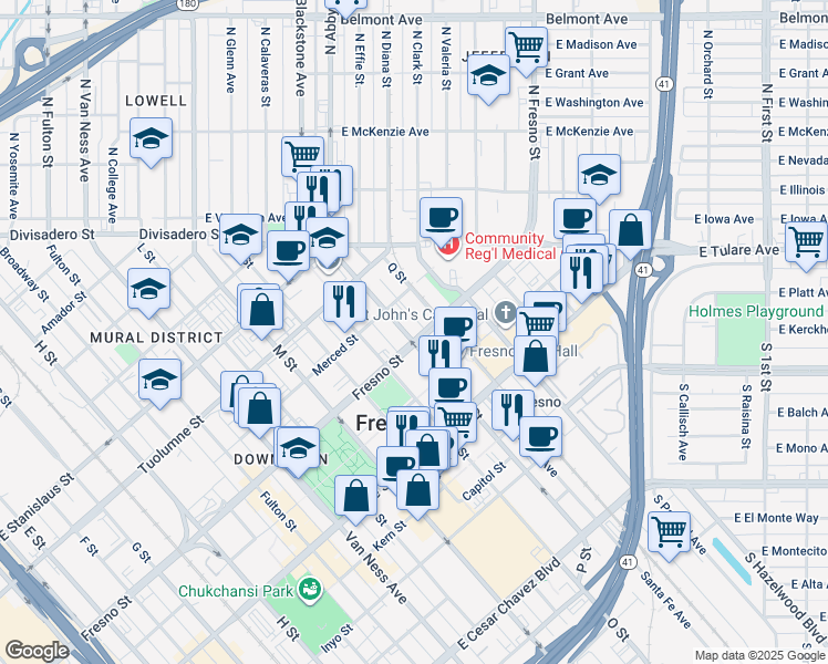map of restaurants, bars, coffee shops, grocery stores, and more near 2607 Fresno Street in Fresno