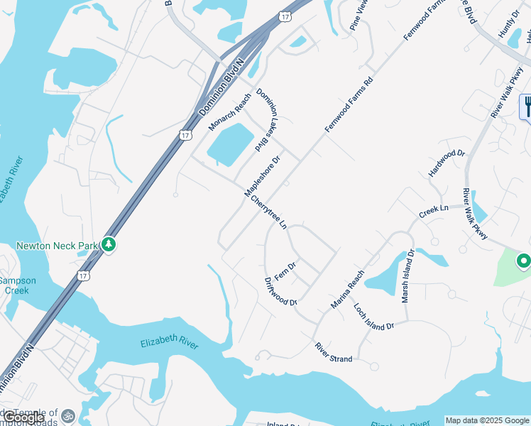 map of restaurants, bars, coffee shops, grocery stores, and more near 400 Fernwood Farms Road in Chesapeake