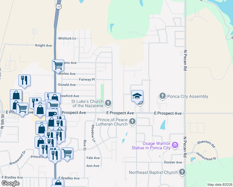 map of restaurants, bars, coffee shops, grocery stores, and more near 3107 Kingston Road in Ponca City