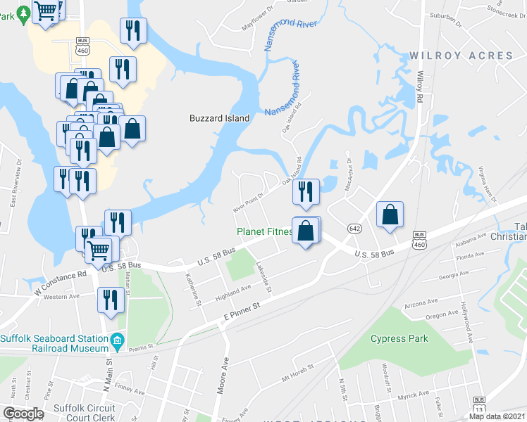 map of restaurants, bars, coffee shops, grocery stores, and more near 414 Elizabeth Street in Suffolk