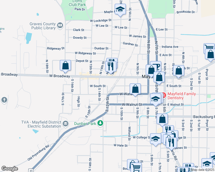 map of restaurants, bars, coffee shops, grocery stores, and more near West South Street in Mayfield