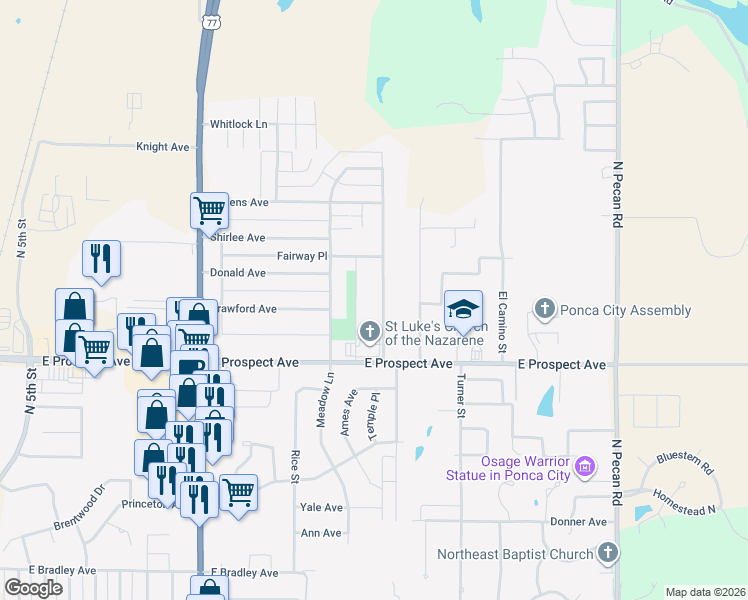 map of restaurants, bars, coffee shops, grocery stores, and more near 3102 Kingston Road in Ponca City
