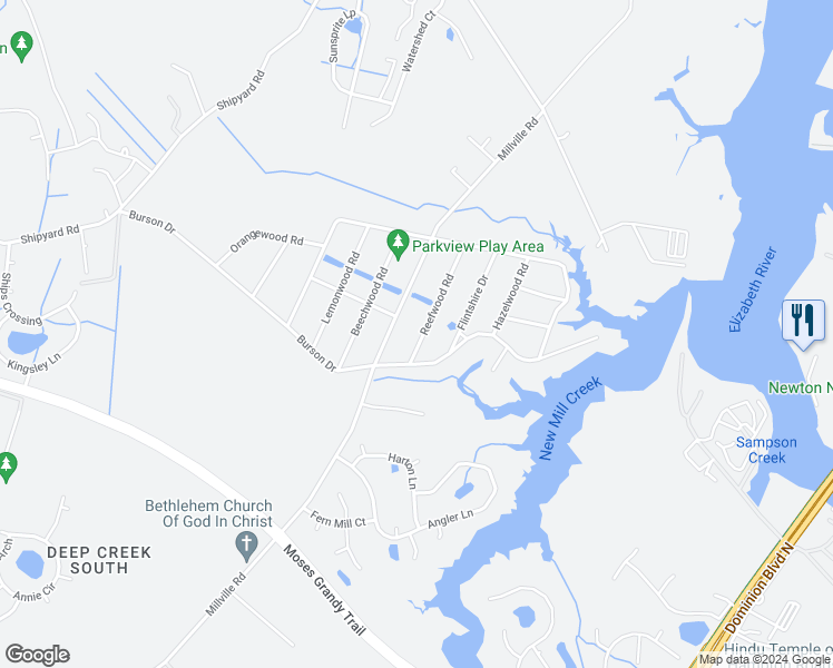 map of restaurants, bars, coffee shops, grocery stores, and more near 1960 Reefwood Road in Chesapeake