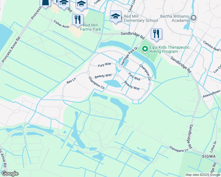 map of restaurants, bars, coffee shops, grocery stores, and more near 1852 Champion Circle in Virginia Beach