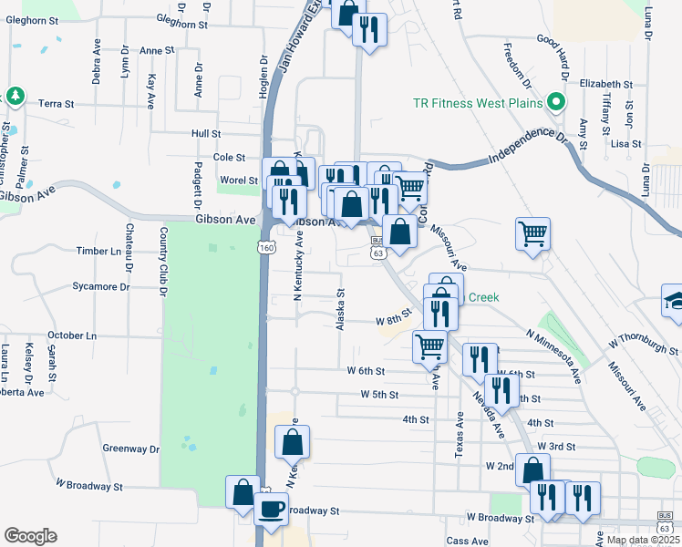 map of restaurants, bars, coffee shops, grocery stores, and more near 1601 10th Street in West Plains